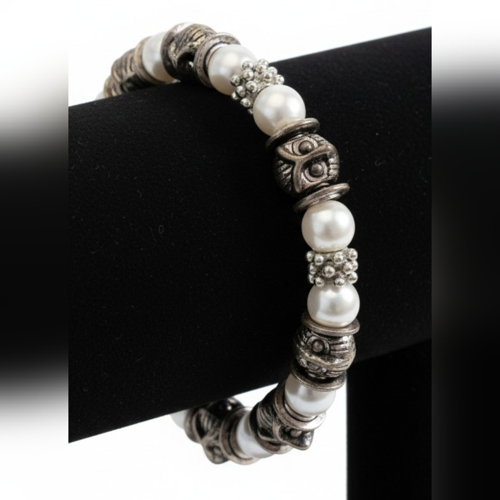 Silver-toned Faux Pearl Crystal Cluster  Owl Spacer Beaded Stretch Cord Bracelet